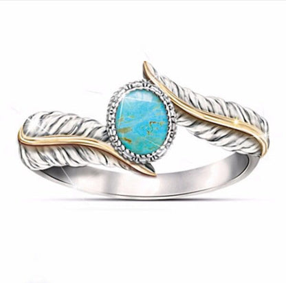 Zhen Rong vous souhaite de bonnes ventes pour ses nouveaux produits : Bague plume en turquoise verte incrustée extravagante de style européen et américain, bague colorée, bague de fiançailles.