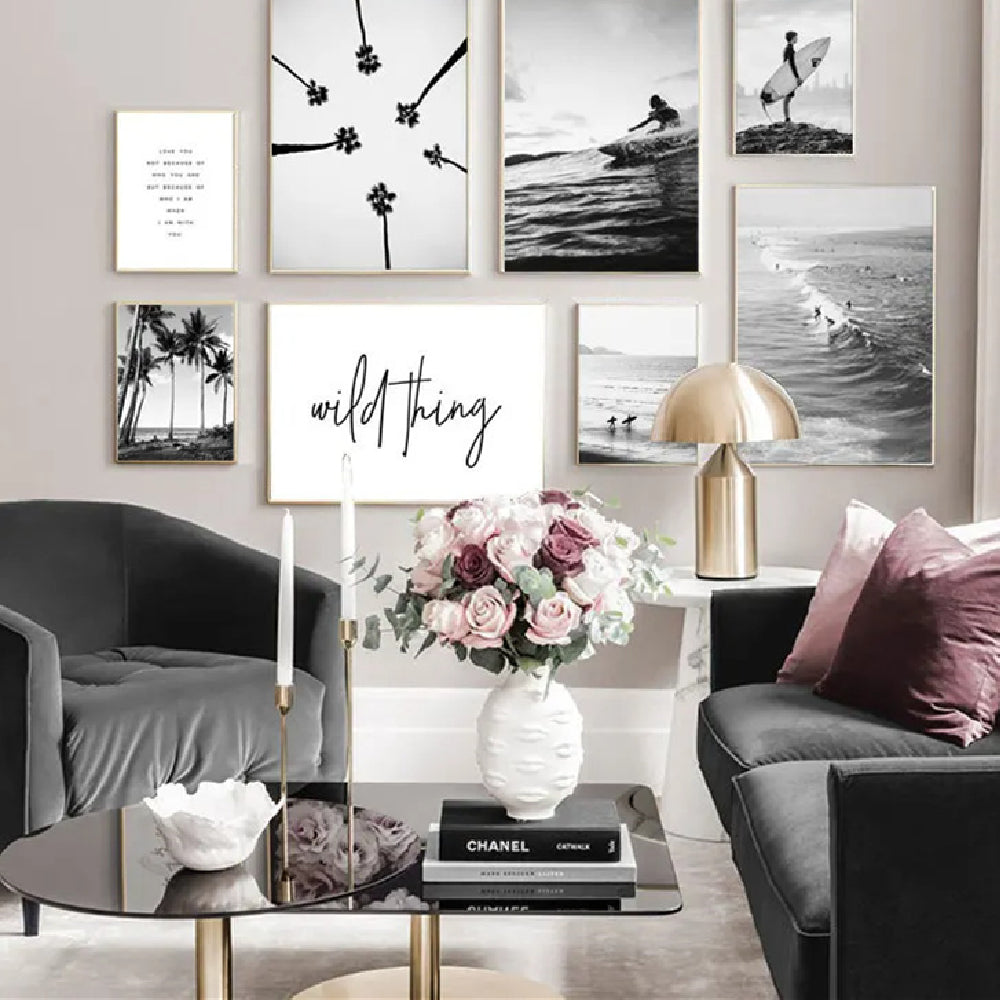 Póster de pared de paisaje costero nórdico moderno en blanco y negro con tema de surf, pintura sin marco