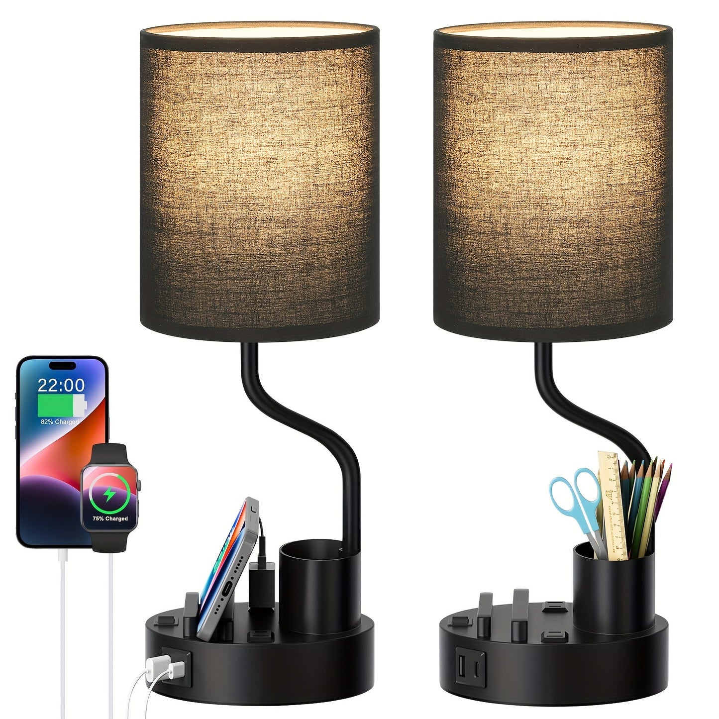 Set of 2 Bedside Lamps – USB-C+USB-A & Outlet, 3-Color Modern Nightstand Lights
