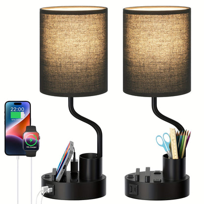 Set of 2 Bedside Lamps – USB-C+USB-A & Outlet, 3-Color Modern Nightstand Lights