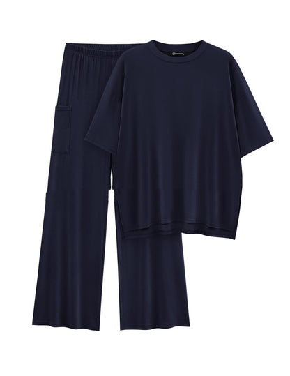 Casual Short Sleeve Pullover Top Wide Leg Pants Casual Suit