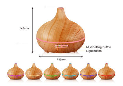 Wood Grain Aromatherapy Humidifier – 550ml Remote Control LED Diffuser