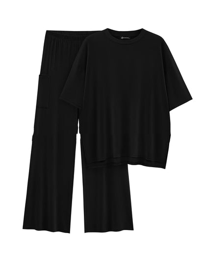 Casual Short Sleeve Pullover Top Wide Leg Pants Casual Suit