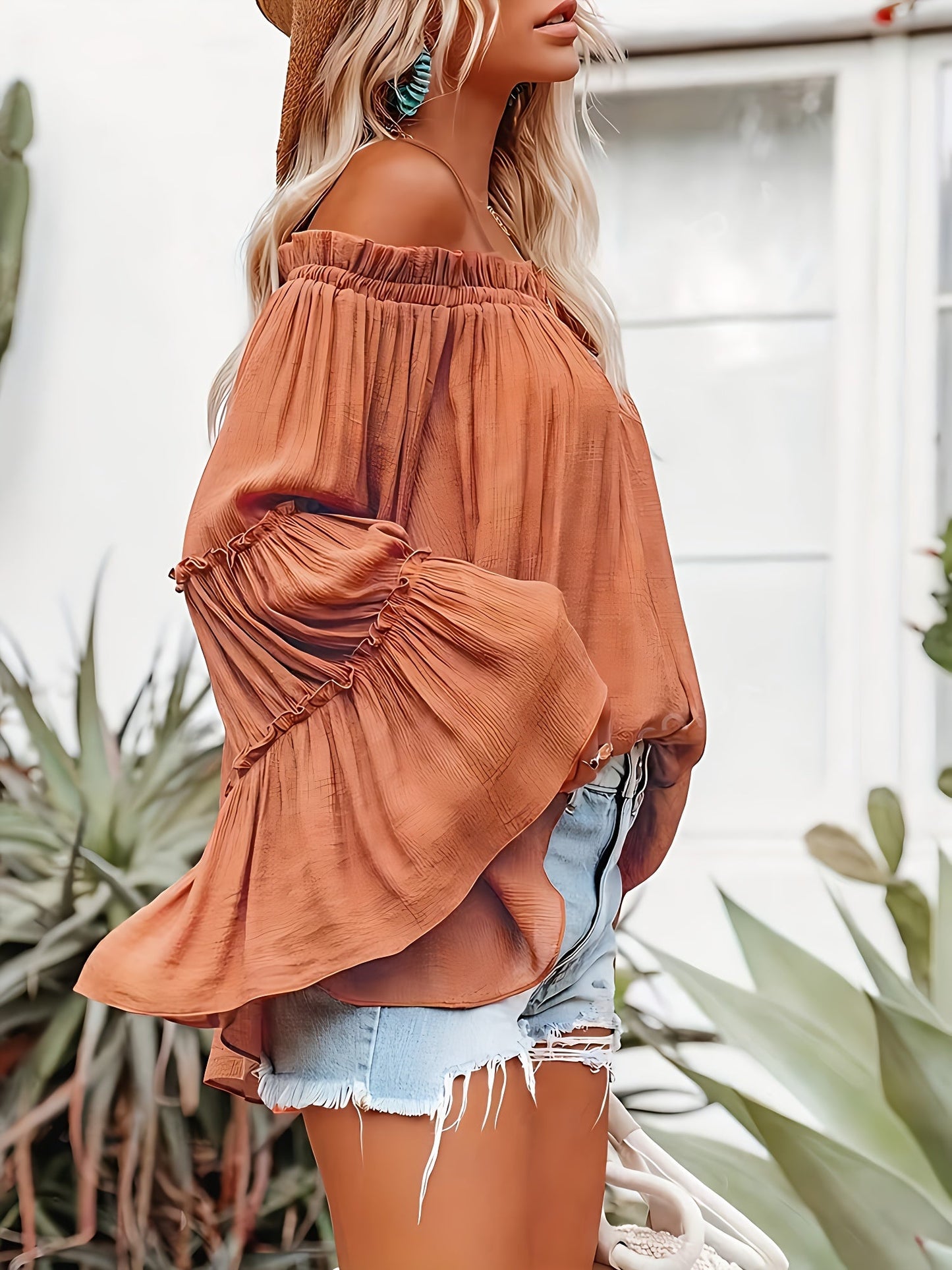 Women'S One Shoulder Elegant And Fashionable Solid Color Off Shoulder Flared Sleeve Shirt For Vacation And Casual Wear