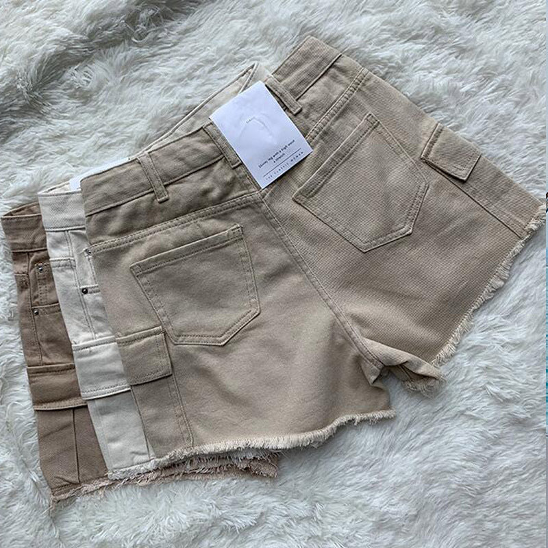 Large pocket loose shorts raw edge jeans casual women