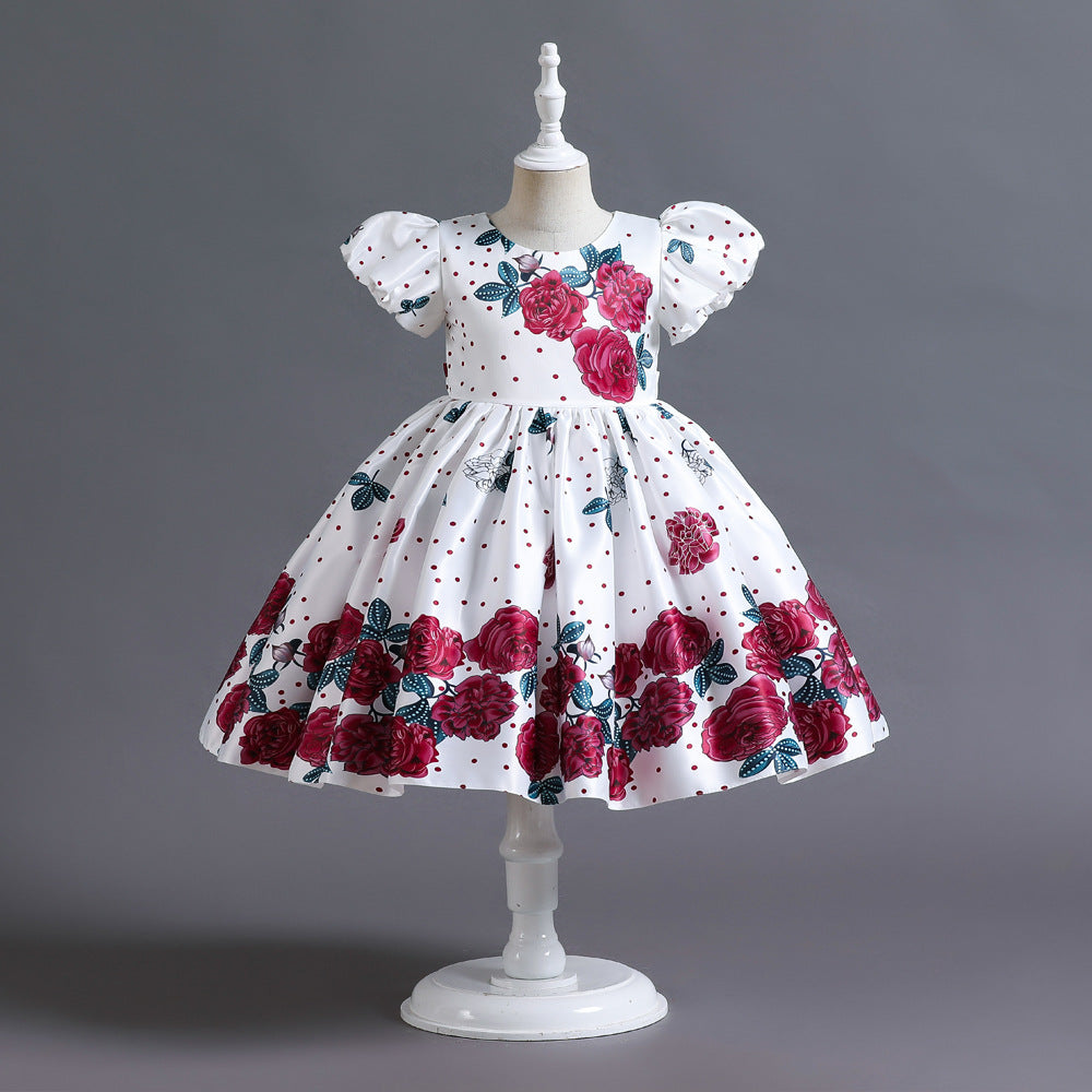 Robe de princesse en satin à manches bouffantes et fleurs pour enfants, style européen et américain