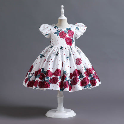 Robe de princesse en satin à manches bouffantes et fleurs pour enfants, style européen et américain