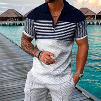 Conjunto de camisa de manga corta con cremallera y solapa, con estampado geométrico 3D, para hombre, estilo veraniego