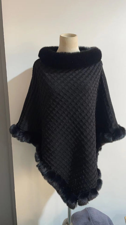 New Luxury Rabbit Fur Collar Shawl Cape for women Elegant Autumn Winter Fashion