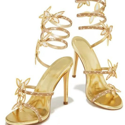 Sexy Fashion Rhinestone Shiny Butterfly Stiletto Heel Stiletto Strap Winding Sandals