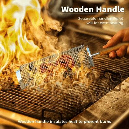 Stainless Steel BBQ Grill Basket with Wood Handle – Non-Stick Rolling Grilling Cage for Vegetables & Meat – Outdoor Camping & BBQ Accessories