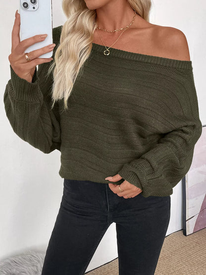Boat Neck Ribbed Long Sleeve Sweater