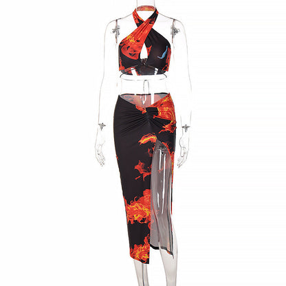 Personalized Printed Sexy Halter Slit Dress