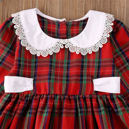 Round Neck Lace Long Sleeve Western Style Plaid Dress