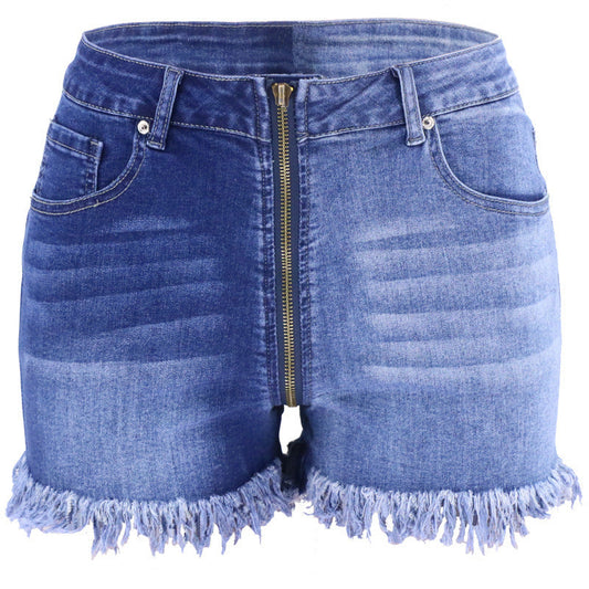 Shorts en jean d'été taille haute slim avec fermeture éclair longue couleur Yin et Yang