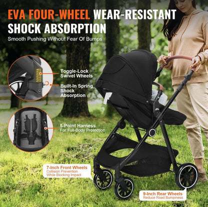 Standard Baby Stroller, Infant Toddler Stroller With Bassinet, 3rd-Gear Adjustable Backrest & Foldable & Reversible Seat, Carbon Steel Newborn Stroller With Leg Cover And Mesh Net, Black