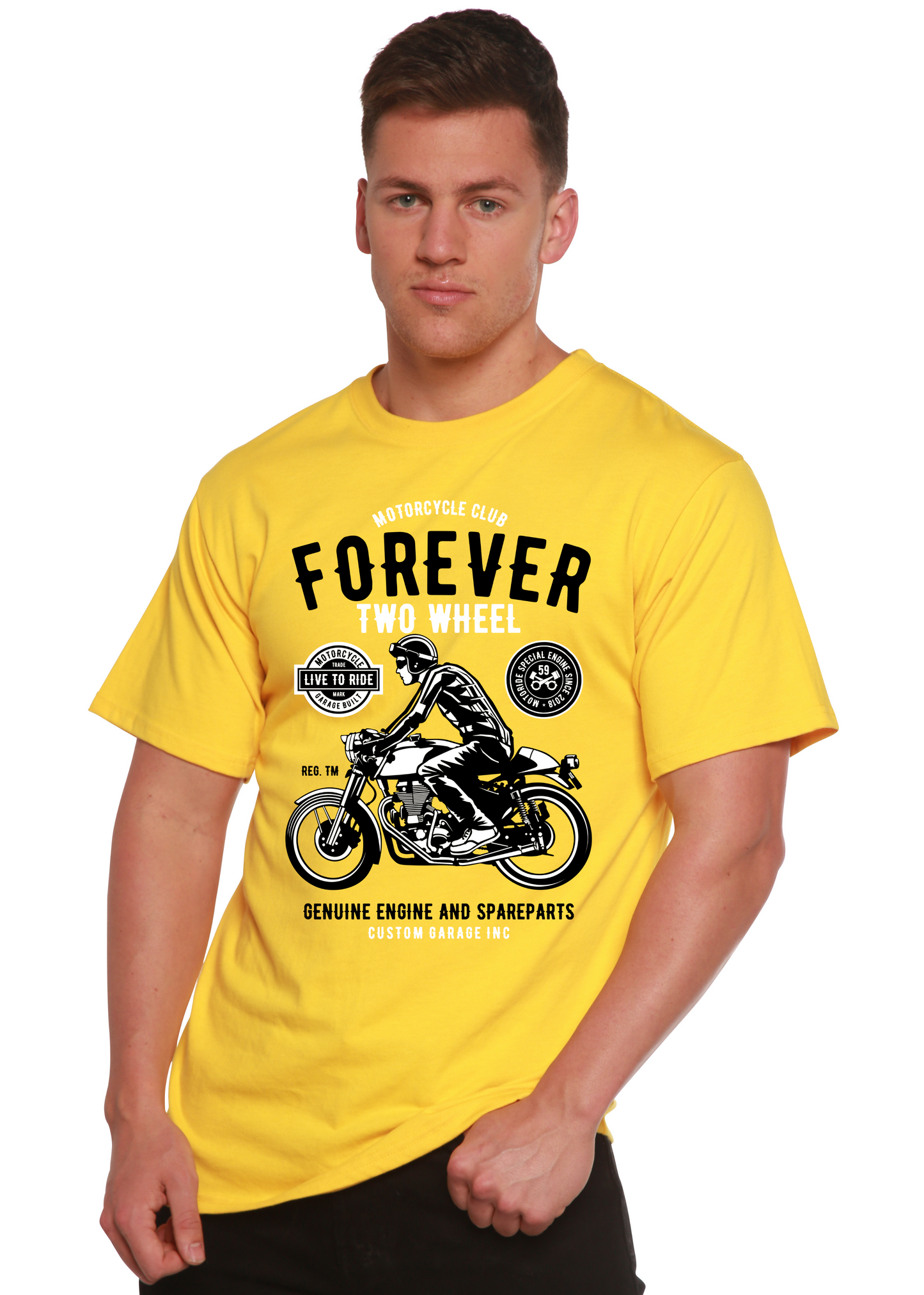 T-shirt graphique Forever Two Wheel à manches courtes en viscose de bambou et coton biologique pour homme