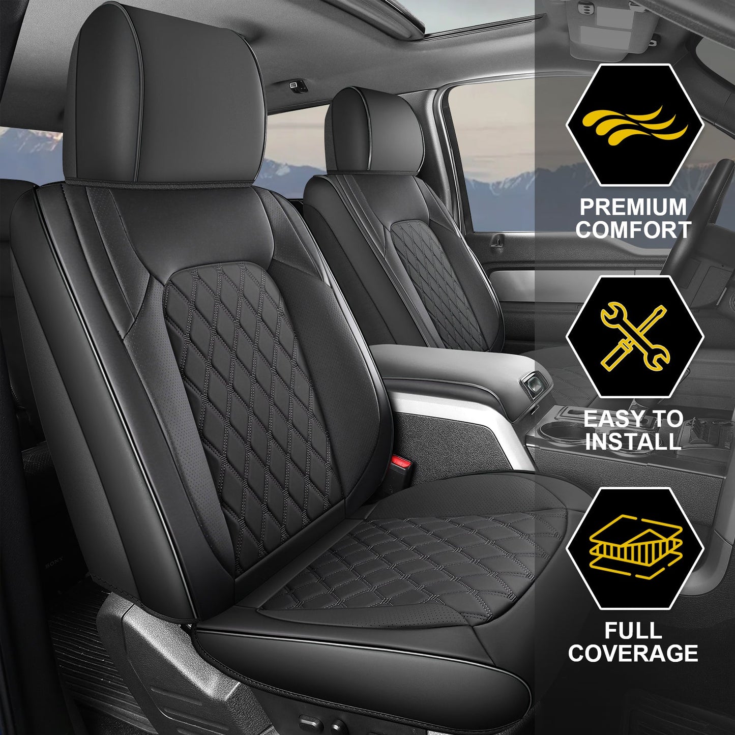 Umbrauto Custom Fit Seat Covers for Ford F150, Pickup Truck Nappa Leather Seatcovers for 2015-2025 Ford F150 SuperCrew/ 2017-2025 F250 F350 F450 Super Duty Crew Cab XL XLT Lariat King Ranch Platinum,Black