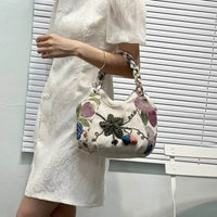 Handmade Bohemian Flower Tote Bag with Foldable Zipper, Shoulder Strap, and Matching Wristlet for Women’s Vacation