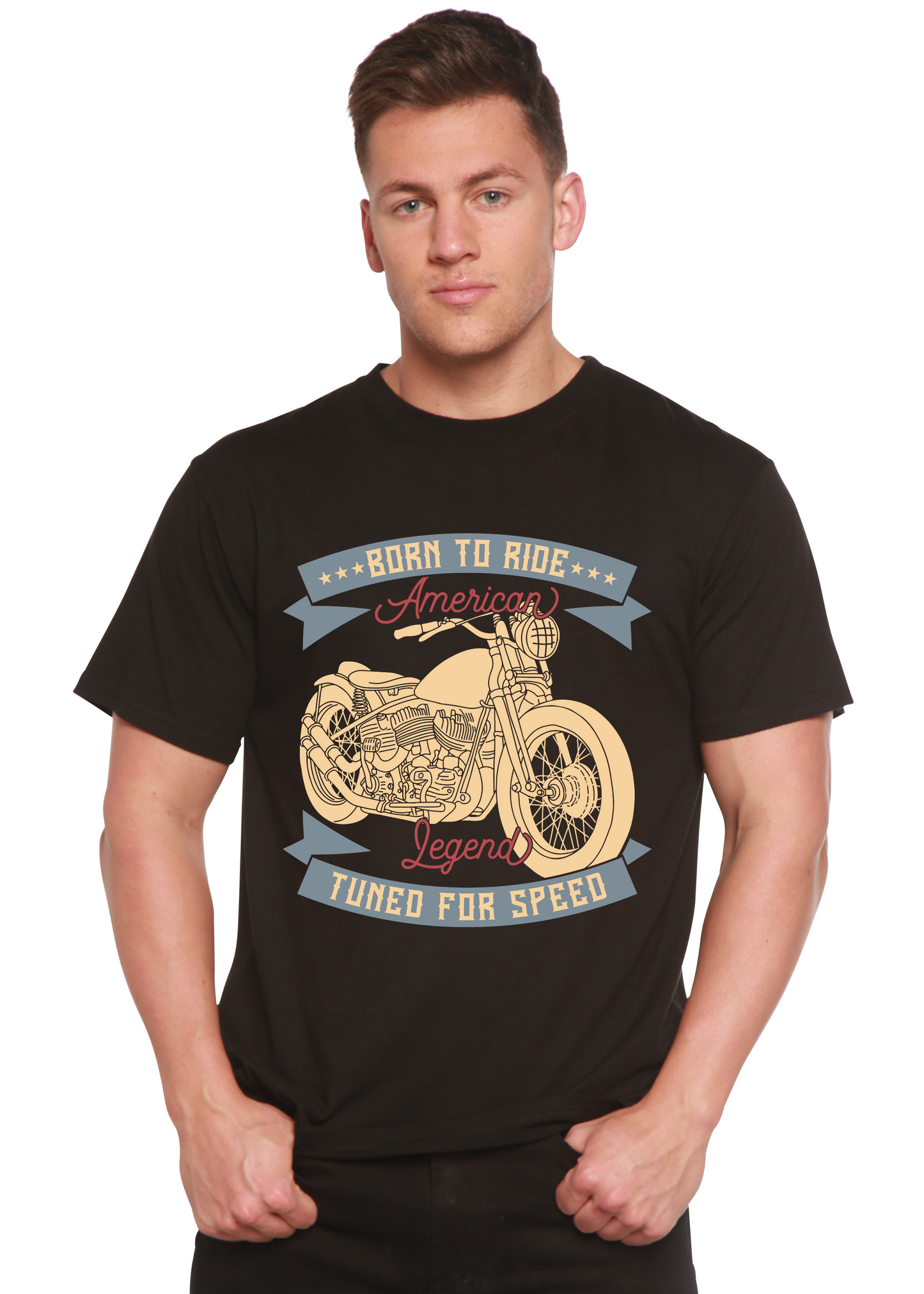 T-shirt graphique à manches courtes en viscose de bambou et coton biologique pour homme Born To Ride American Legend