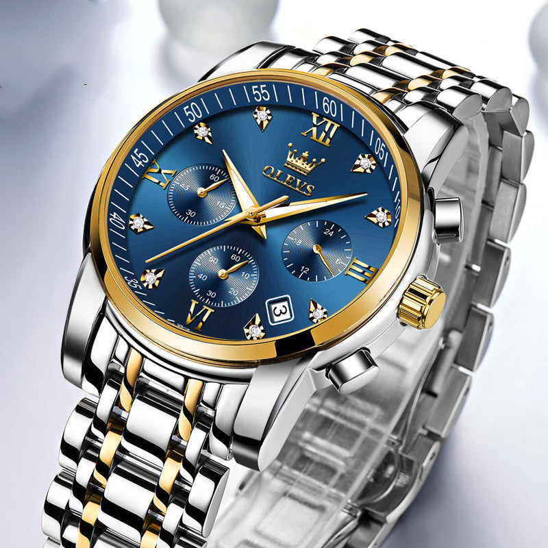 Montres Homme de Luxe, Chronographe en Acier Inoxydable, Étanche, Quartz, Date, Cadran Bleu, Relogio Masculino