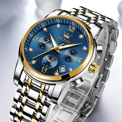 Montres Homme de Luxe, Chronographe en Acier Inoxydable, Étanche, Quartz, Date, Cadran Bleu, Relogio Masculino