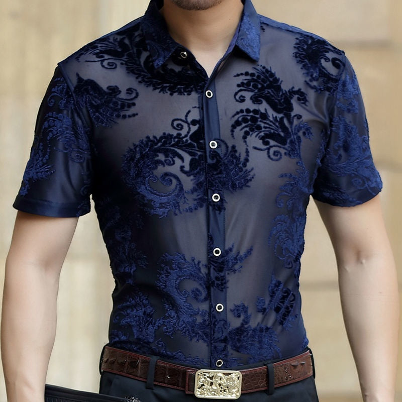 Short Sleeve Hollow Men's Shirt Flocking Embroidered Shirt