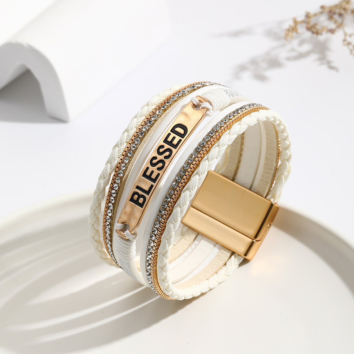 Bracelet en cuir synthétique de style ethnique avec plaque en alliage