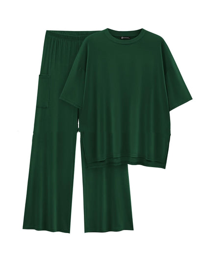 Casual Short Sleeve Pullover Top Wide Leg Pants Casual Suit