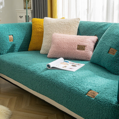 Toalla de sofá de lana de cordero de color liso moderno para invierno, fundas de sofá suaves y lisas de felpa gruesa para sala de estar, cubierta antideslizante para sofá