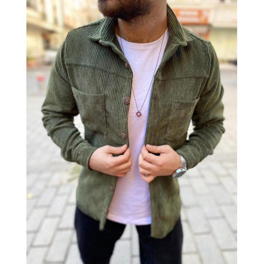 Veste-chemise décontractée en velours côtelé de couleur unie à revers grande taille pour l'automne