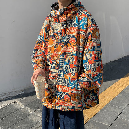 Hooded Jacket Men Graffiti Print Trend Pullover Top Plus Size Jacket Men