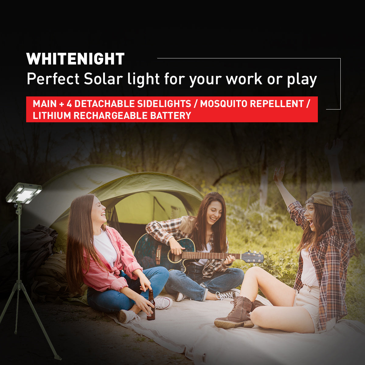 TRU De-LIGHT WHITENIGHT Multipurpose Solar / AC / DC - Garden, Camping Main Light + 3 Independent Detachable Multi Mode Side Lights / Tripod + Carrying Bag