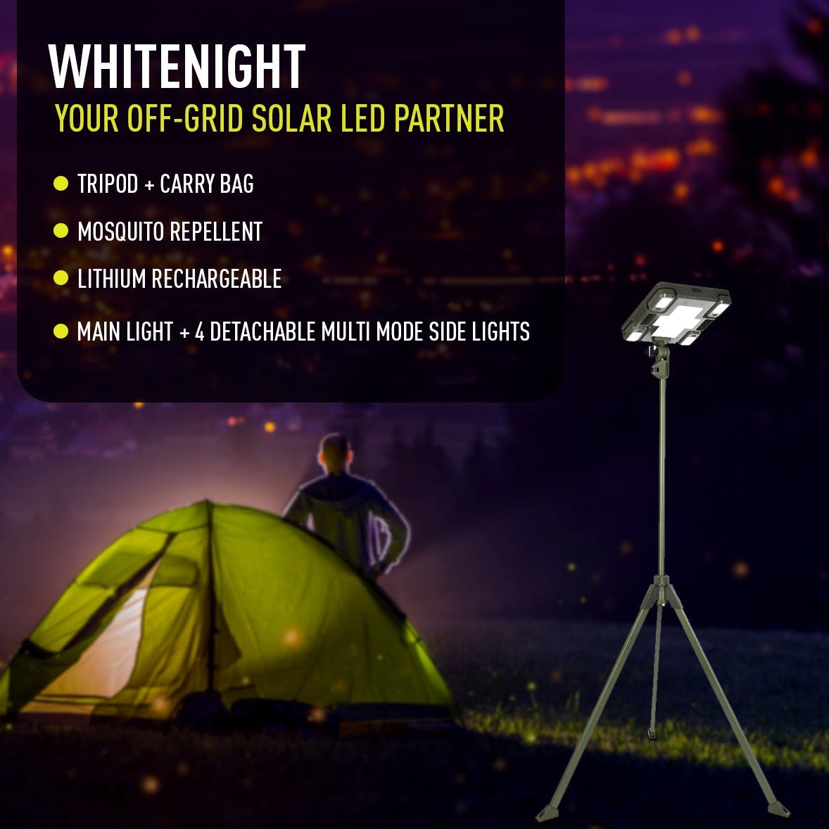 TRU De-LIGHT WHITENIGHT Multipurpose Solar/AC/DC Light – Garden & Camping with Tripod & Carry Bag