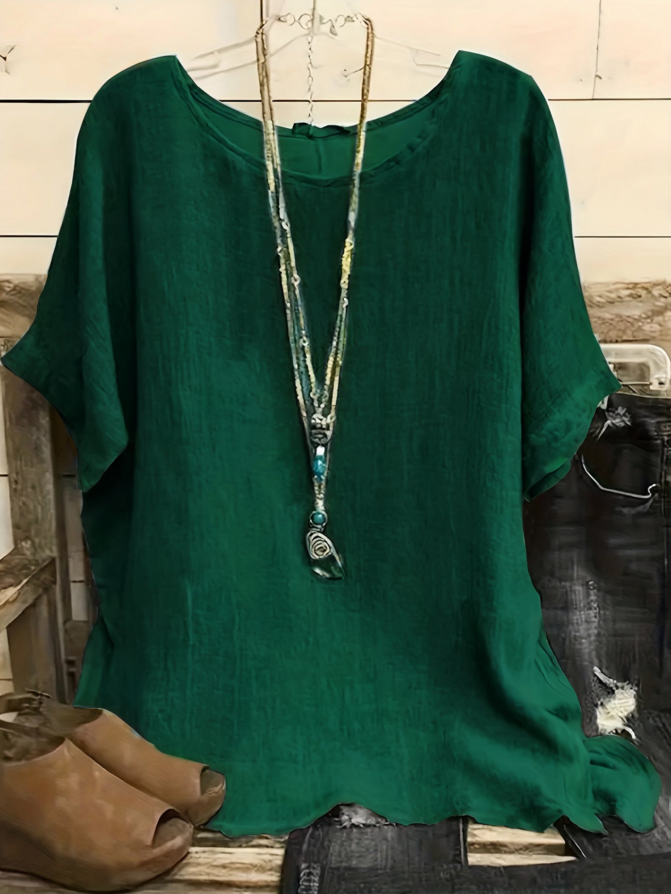 Women Fashion Casual Shirts Solid Color 3 4 Sleeve Round Neck Blouses Summer Loose Tops Streetwear