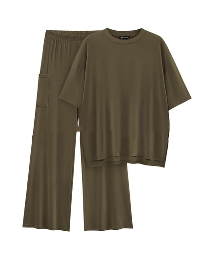Casual Short Sleeve Pullover Top Wide Leg Pants Casual Suit