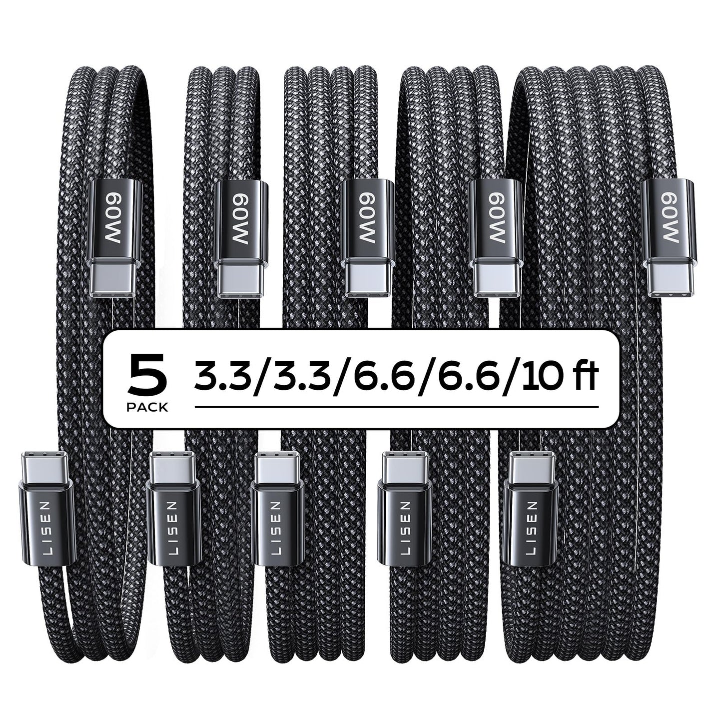 Câble USB-C vers USB-C, lot de 5 [1m/1m/2m/2m/3m] pour chargeur iPhone 17, 60W