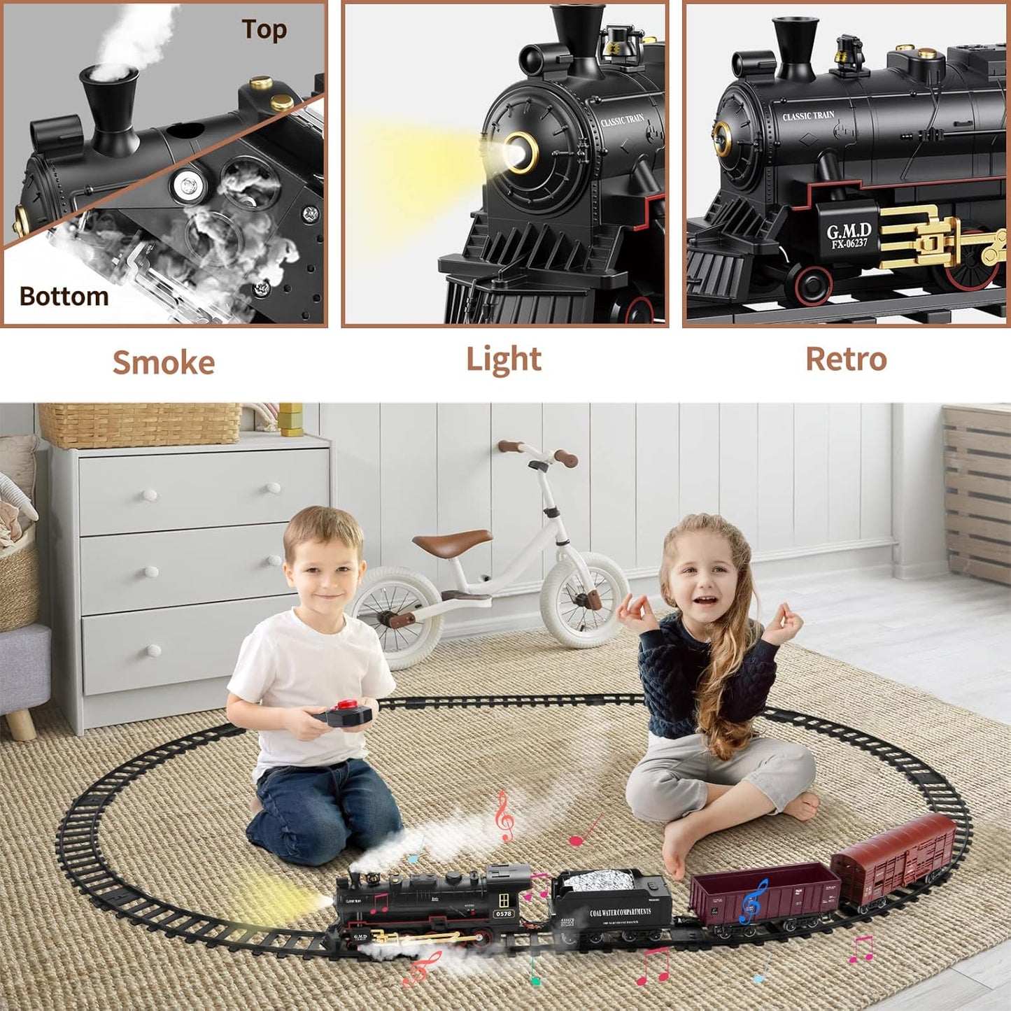 Kids Electric Train Set with Steam Smoke Lights Sounds Battery Powered