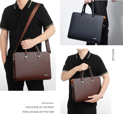 Genuine Leather Business Briefcase 15.6 Inch Laptop Bag Multi Compartment