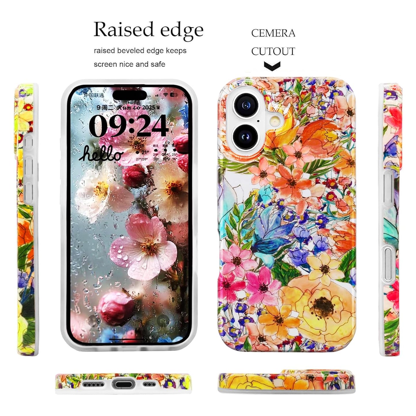 for iPhone 16 Case for Women, Cute Floral Print Girly Design Kawaii C