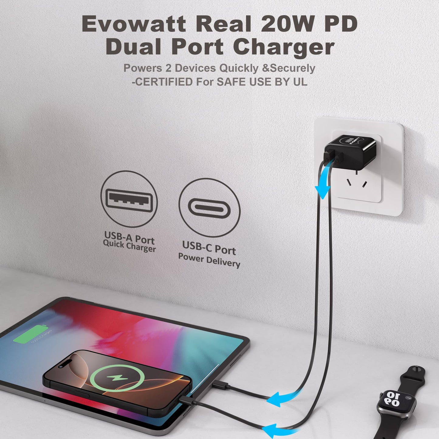 C Wall Charger 20W With Ul Certified,20W Dual Port Phone Charger Adapter Block P