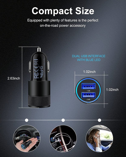 Chargeur de voiture USB double port (lot de 2) - Charge rapide 3,4 A pour iPhone 17 16 15 14 et Samsung Galaxy