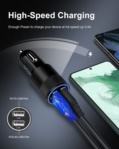Chargeur de voiture USB double port (lot de 2) - Charge rapide 3,4 A pour iPhone 17 16 15 14 et Samsung Galaxy
