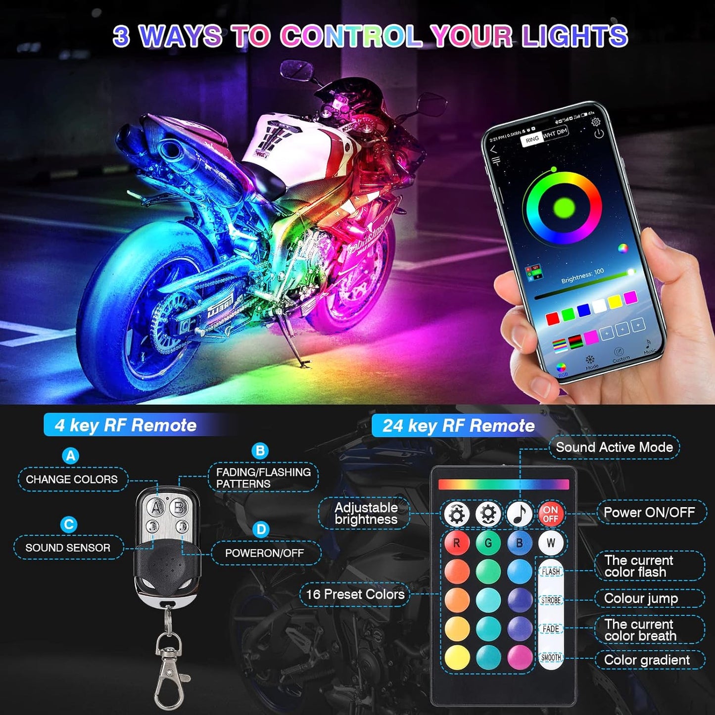 Motorcycle RGB LED Light Kit 12PCS Bluetooth Underglow with Brake & Turn Signal
