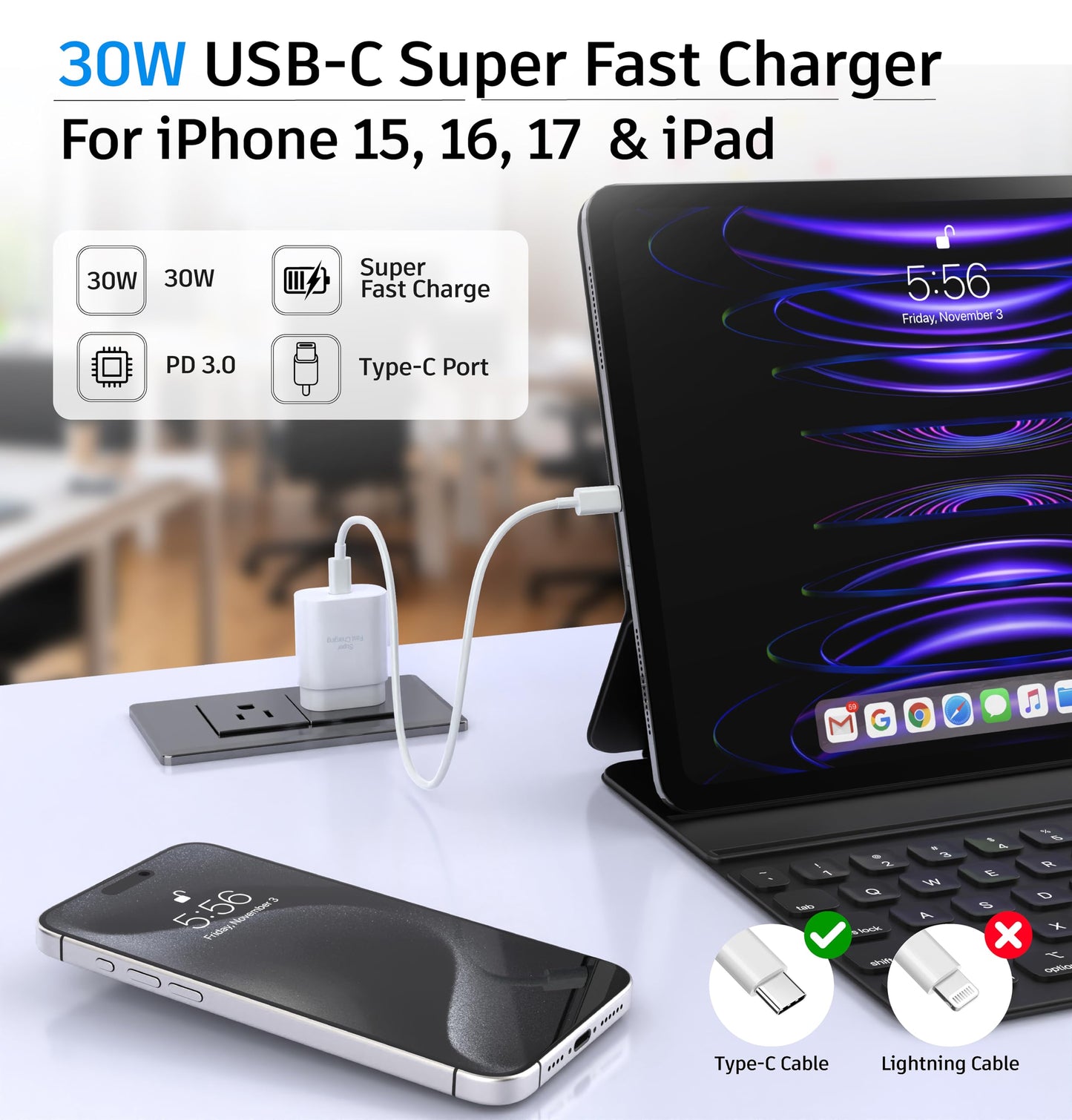 USB-C Fast Charging Block 30W PD - Wall Charger Adapter for iPhone 17 16 15 and Samsung S25