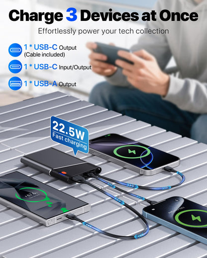 Power Bank 10000mAh 22.5W PD Fast Charging - Portable Powerbank with Built-In USB Cable