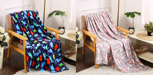 Decor&More Juego de 2 mantas de forro polar de felpa para niños y niñas (50" x 60") - Dinosaurios y unicornios