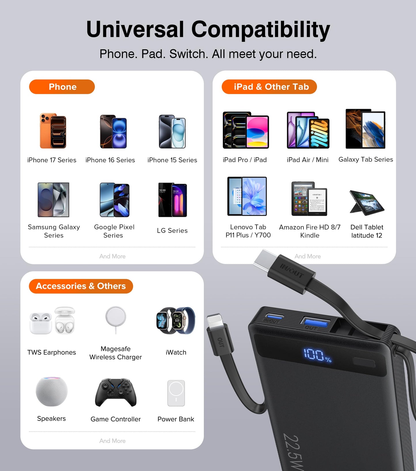 Slim Power Bank with Built-In Cables - 22.5W PD Fast Charger 10000mAh for iPhone and Samsung