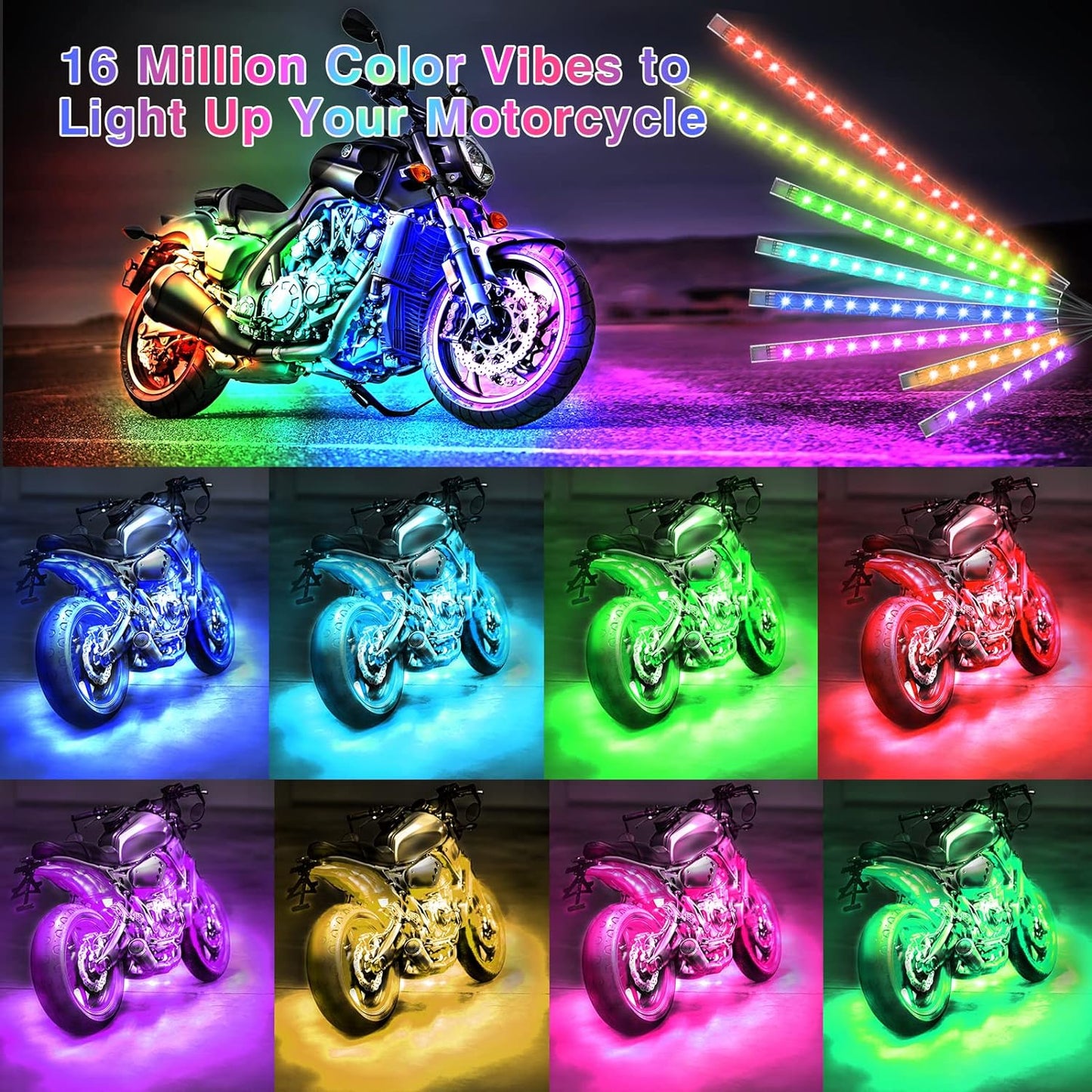 Motorcycle RGB LED Light Kit 12PCS Bluetooth Underglow with Brake & Turn Signal