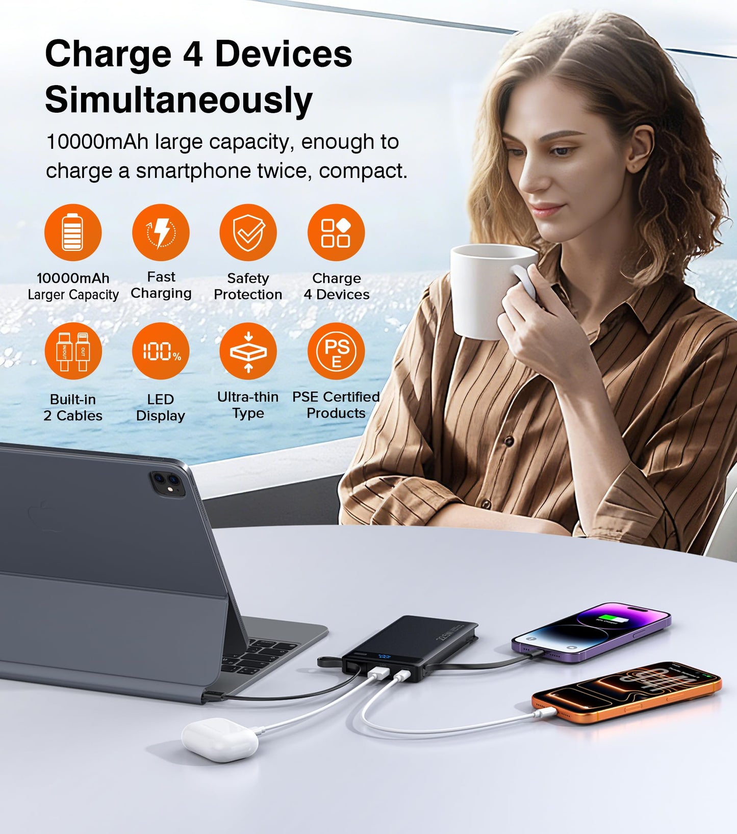 Slim Power Bank with Built-In Cables - 22.5W PD Fast Charger 10000mAh for iPhone and Samsung